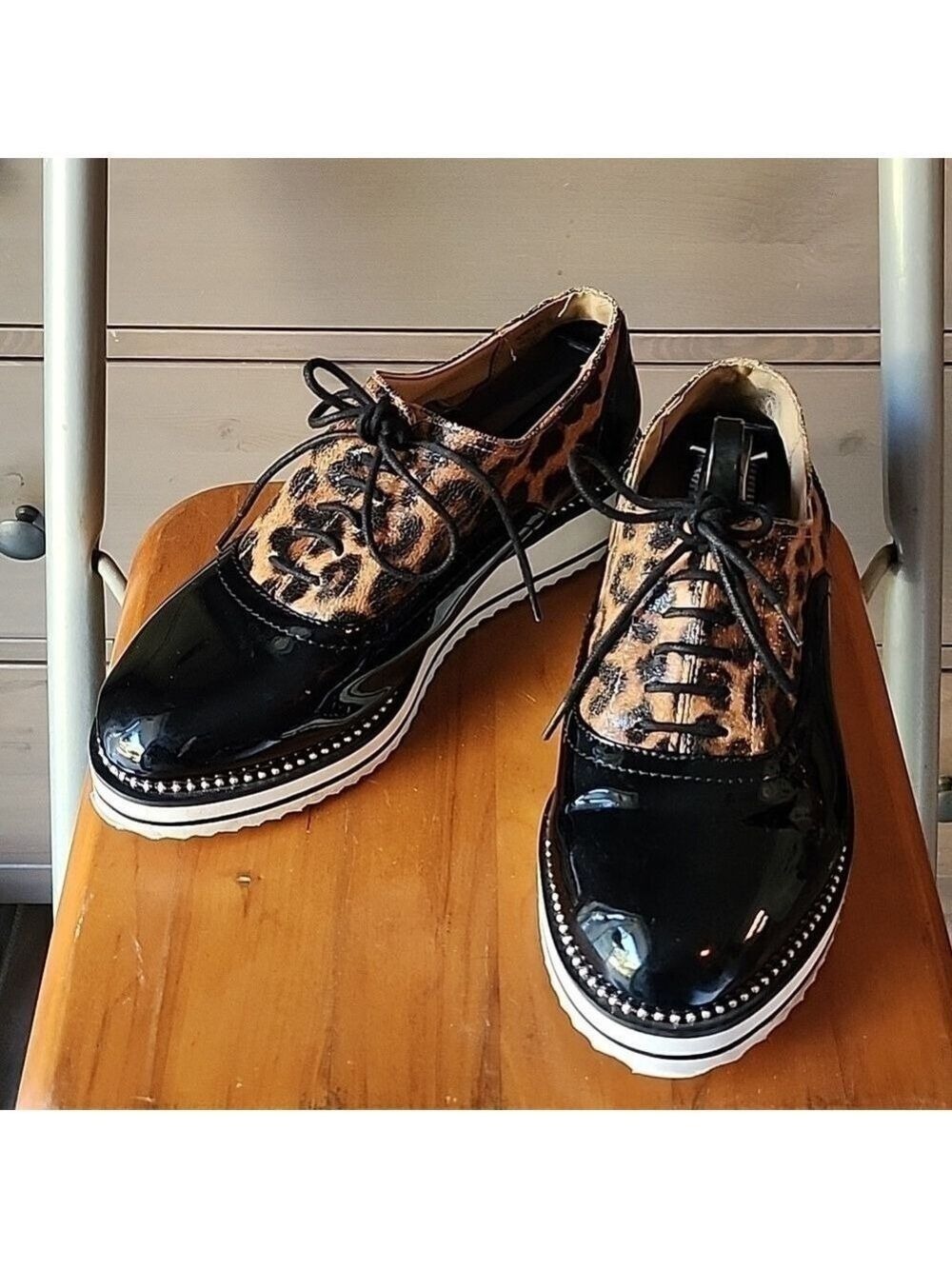 Torrid Plus Size Platform Oxford Black and Leopard Faux Leather Shoes Size 7.5 W